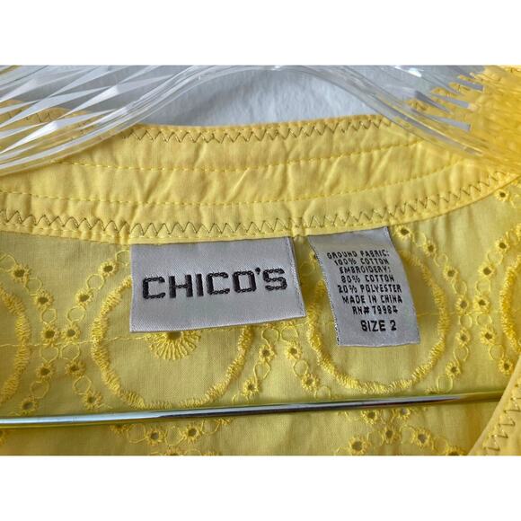 Chico's Women Butter Yellow Eyelet Button Front 3/4 Sleeves Size 2 Tunic Top - Picture 3 of 5